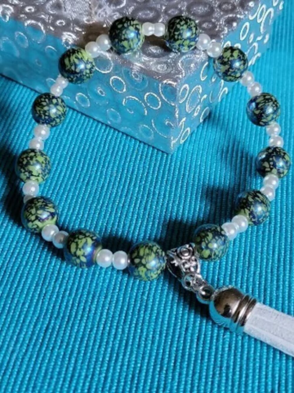 Earthy Green White Silver Dividers and Small Beaded Wrist Wraps with Charms